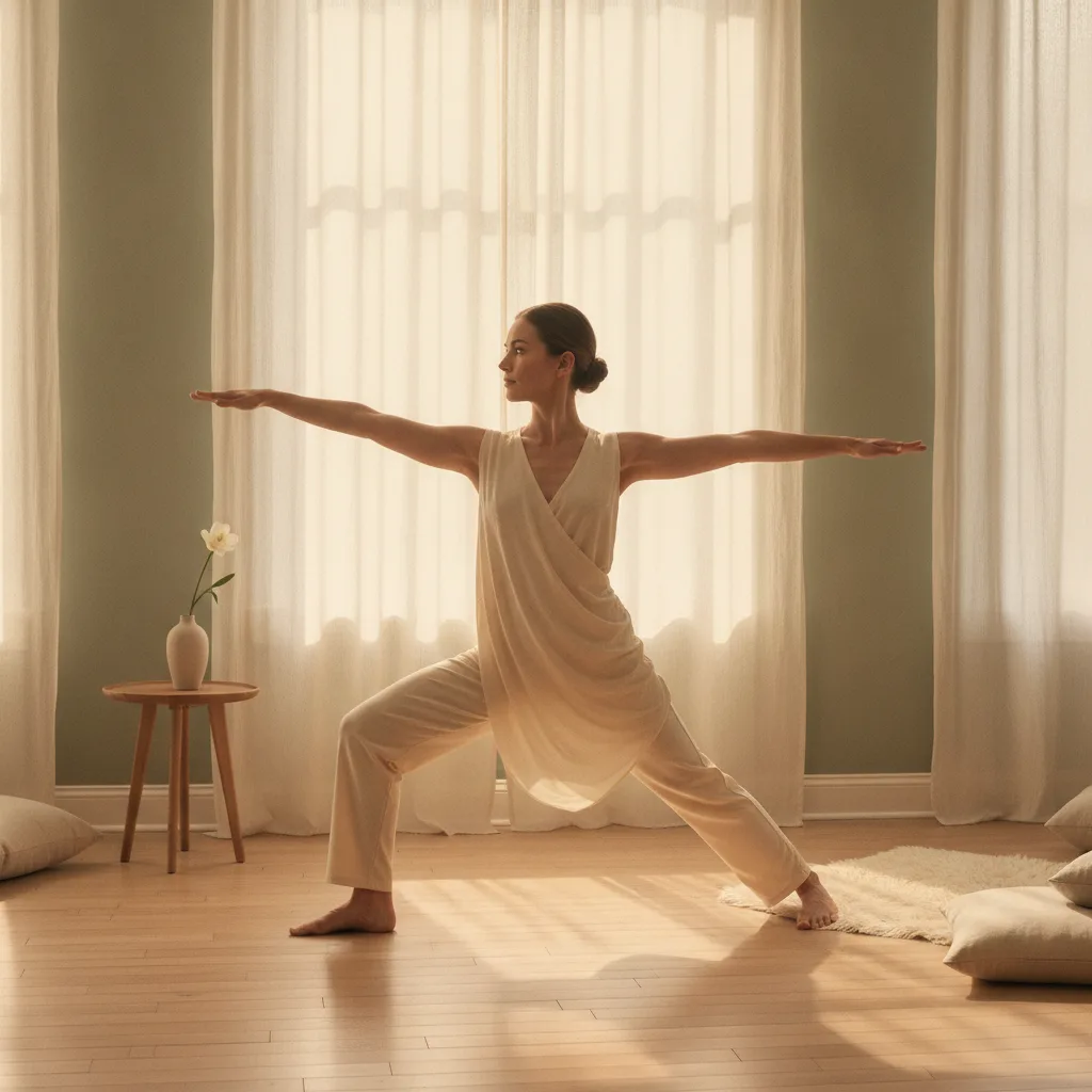 Woman in graceful yoga pose, soft morning light