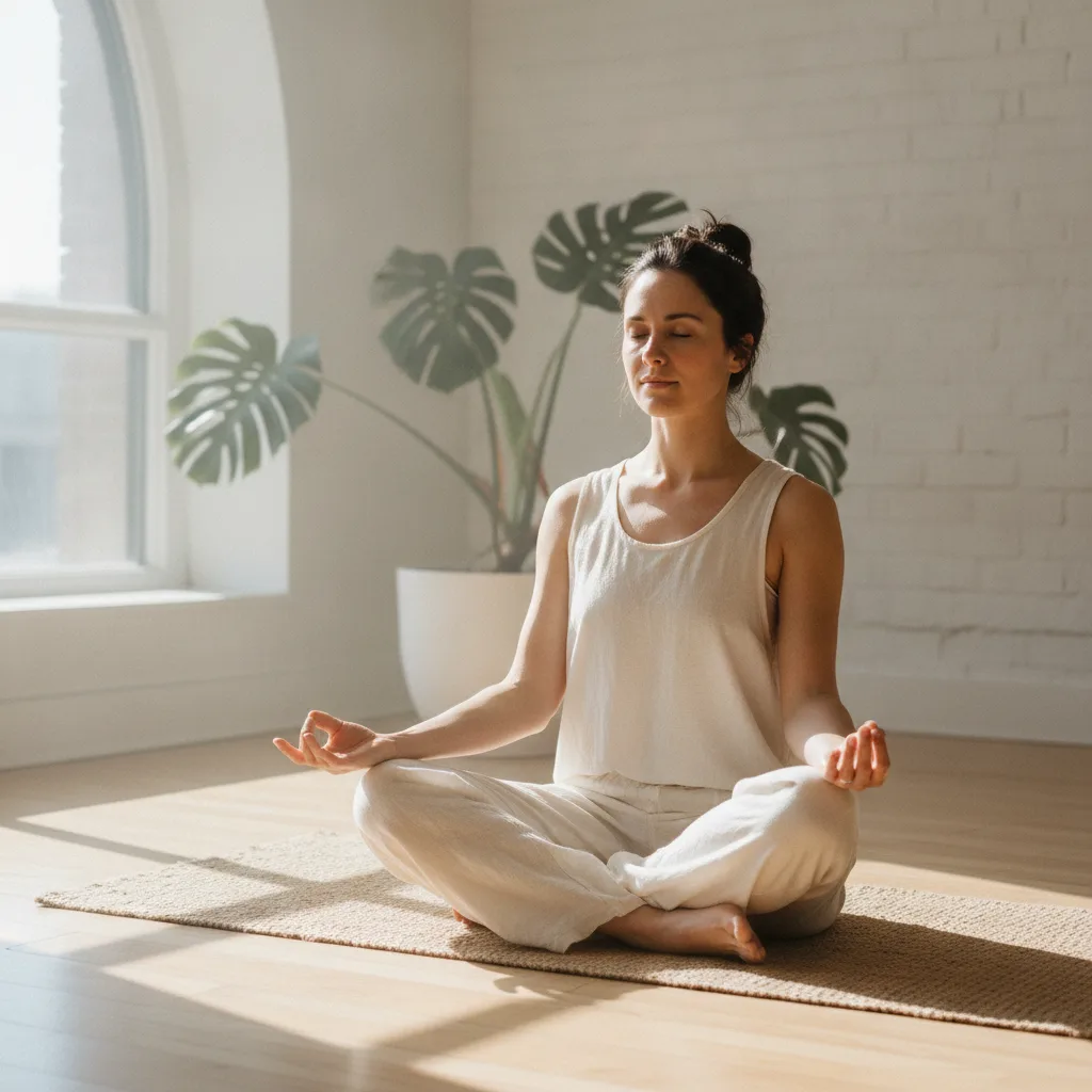 Woman in serene seated meditation posture indoors